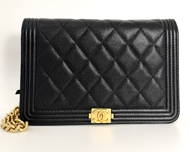 CHANEL GRAINED SHINY CALFSKIN LEATHER BOY WALLET ON CHAIN