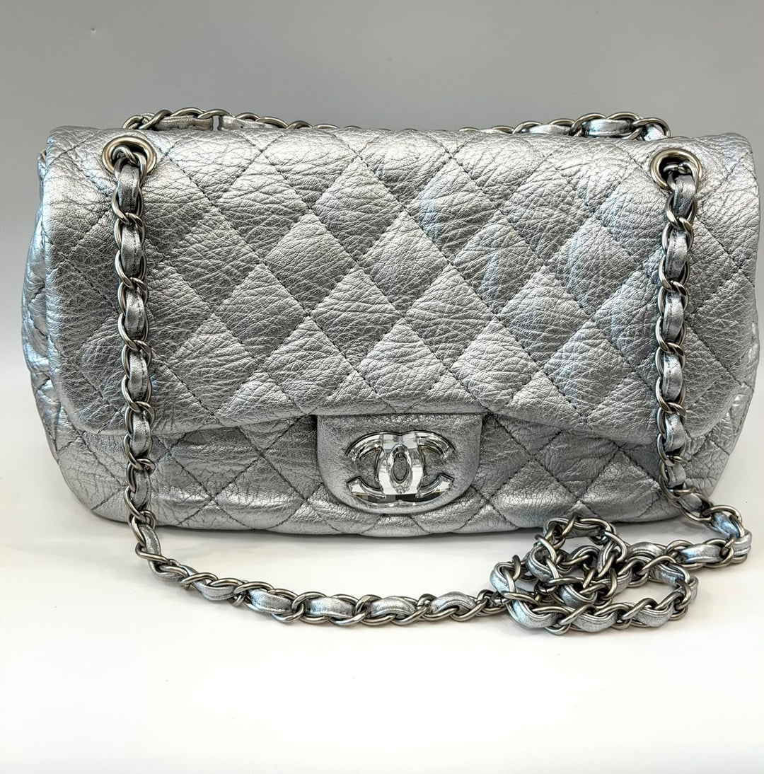 CHANEL CRINKLED METALLIC CALFSKIN QUILTED "ON THE ROCKS" MEDIUM FLAP BAG