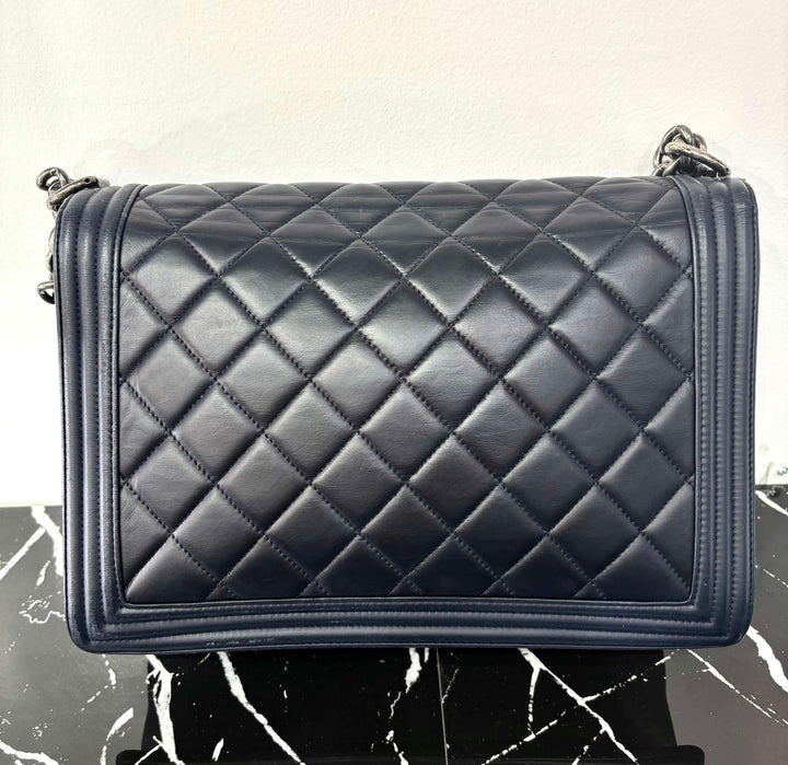 CHANEL CALFSKIN QUILTED LARGE BOY FLAP BAG IN NAVY