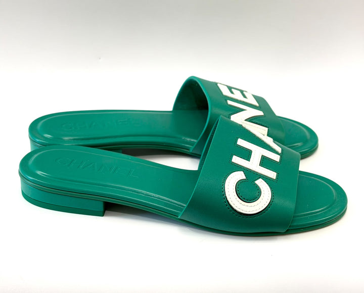 CHANEL CALFSKIN PATENT LOGO MULES