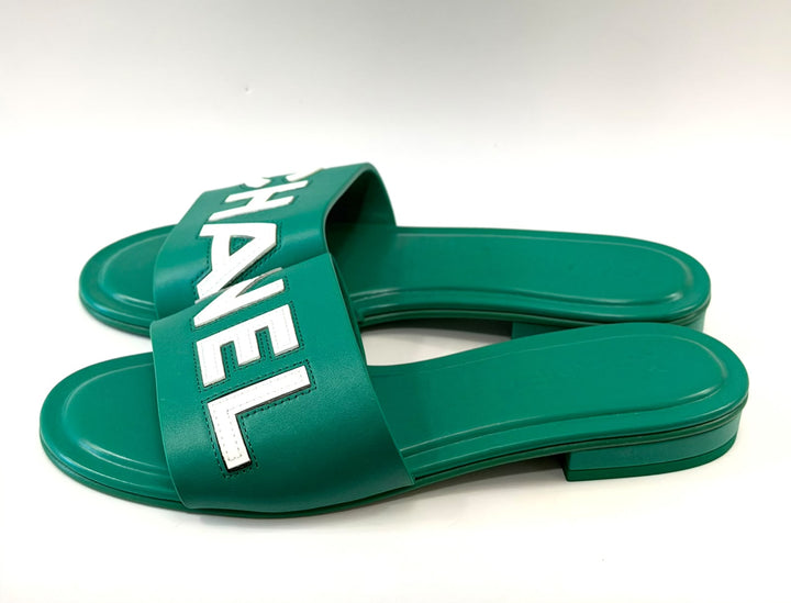 CHANEL CALFSKIN PATENT LOGO MULES