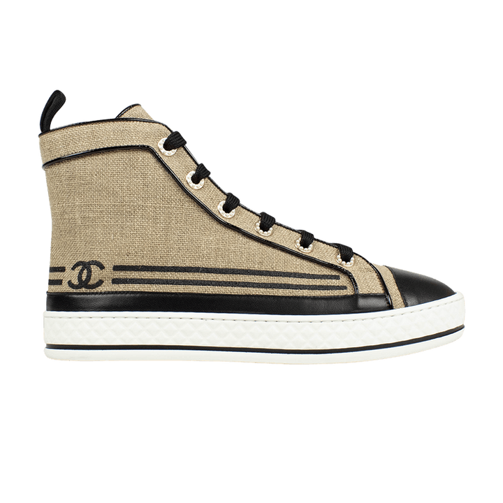 CHANEL CC CAP-TOE JUTE &amp; CALFSKIN LEATHER HIGH-TOP SNEAKERS