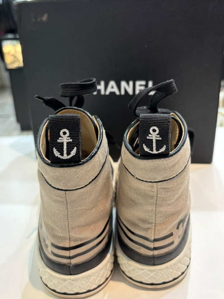 CHANEL CC CAP-TOE JUTE &amp; CALFSKIN LEATHER HIGH-TOP SNEAKERS