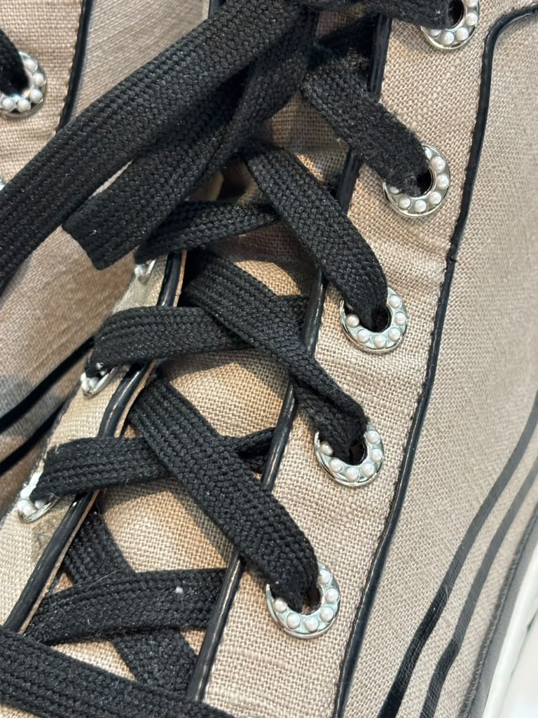 CHANEL CC CAP-TOE JUTE &amp; CALFSKIN LEATHER HIGH-TOP SNEAKERS