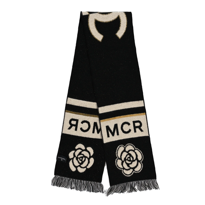 CHANEL CASHMERE WOOL MANCHESTER CAMELLIA FRINGE SCARF