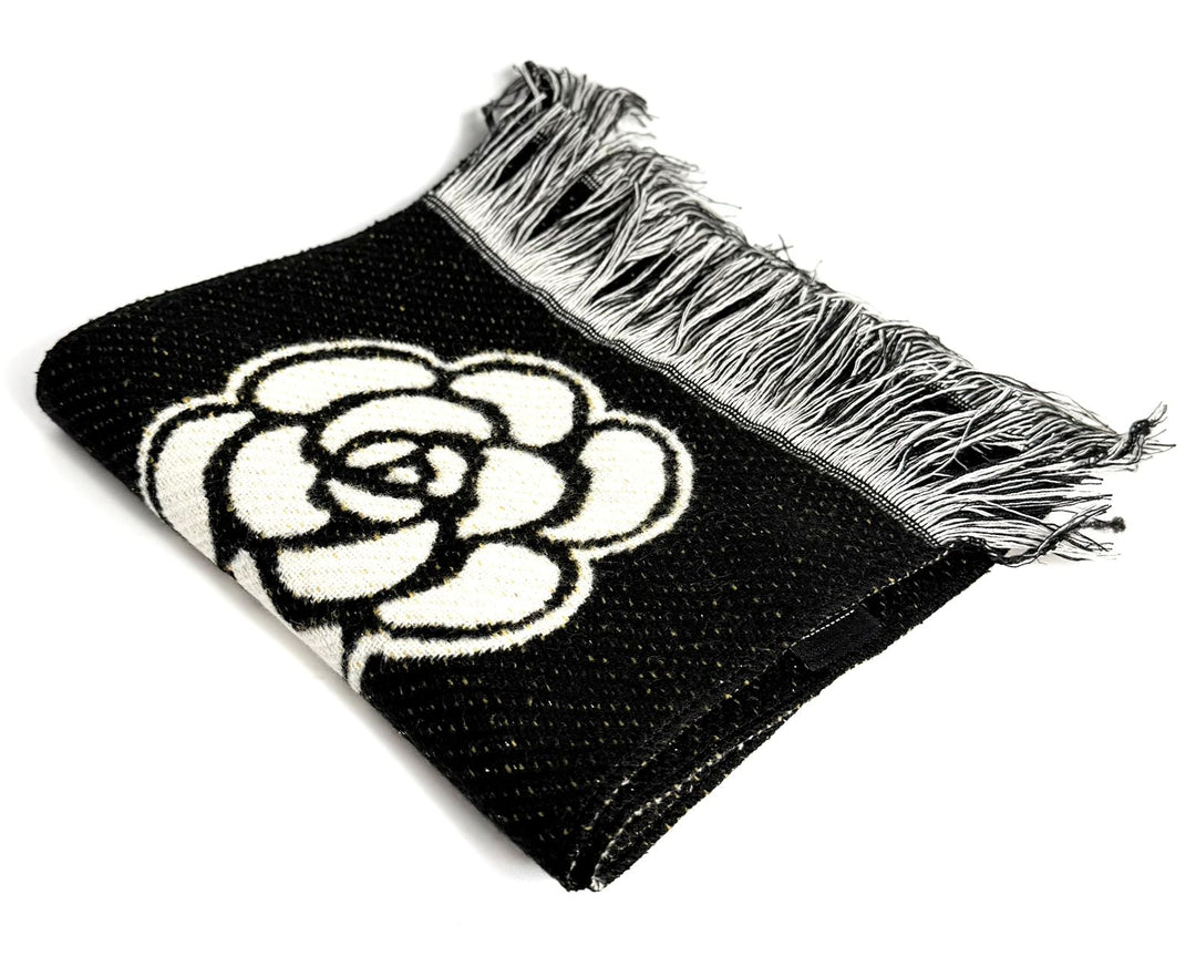 CHANEL CASHMERE WOOL MANCHESTER CAMELLIA FRINGE SCARF