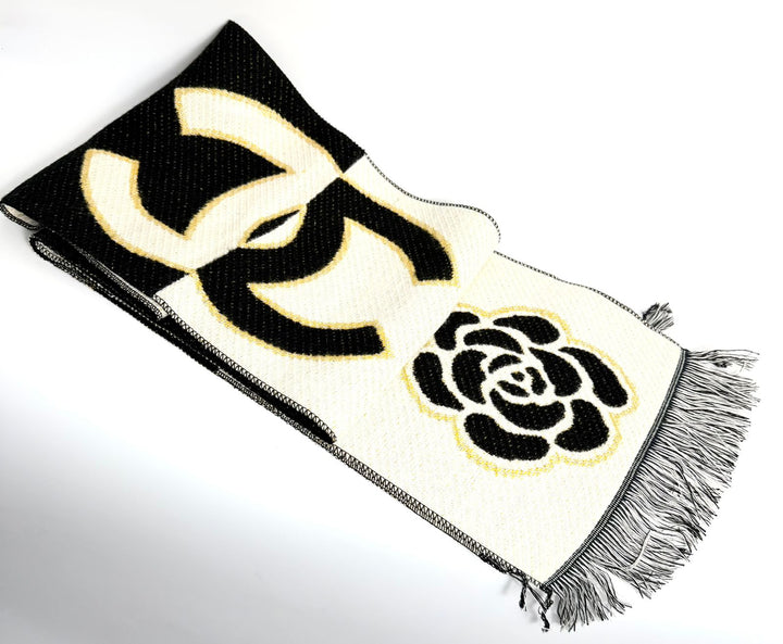 CHANEL CASHMERE WOOL MANCHESTER CAMELLIA FRINGE SCARF