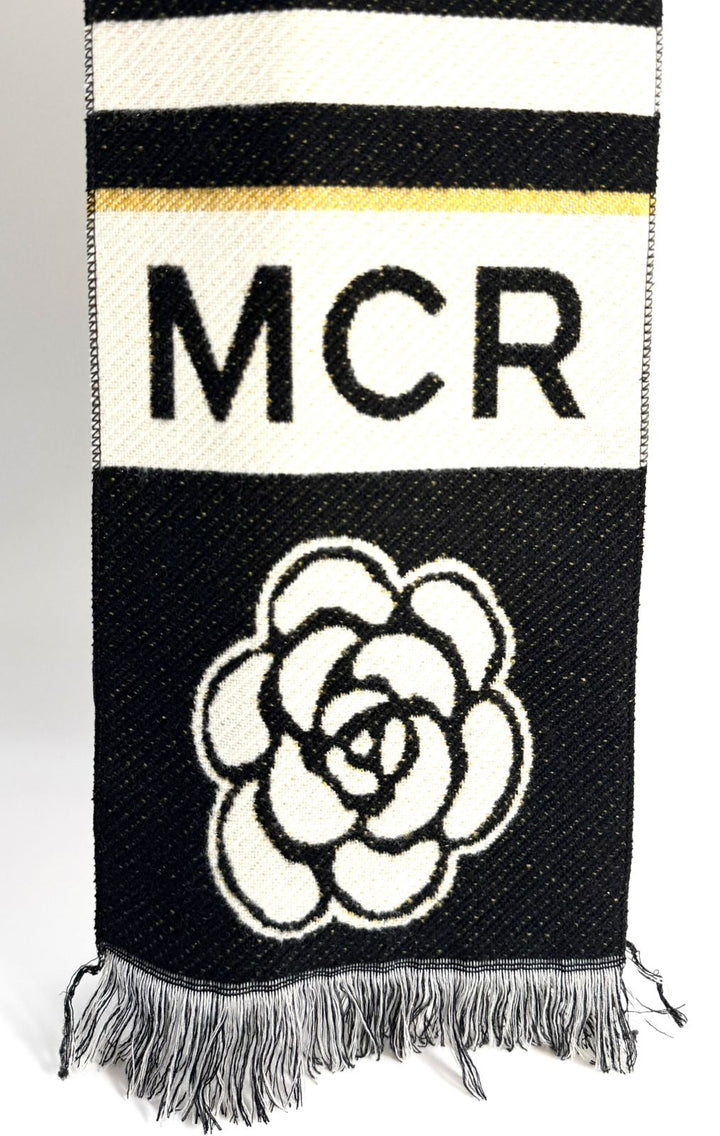 CHANEL CASHMERE WOOL MANCHESTER CAMELLIA FRINGE SCARF
