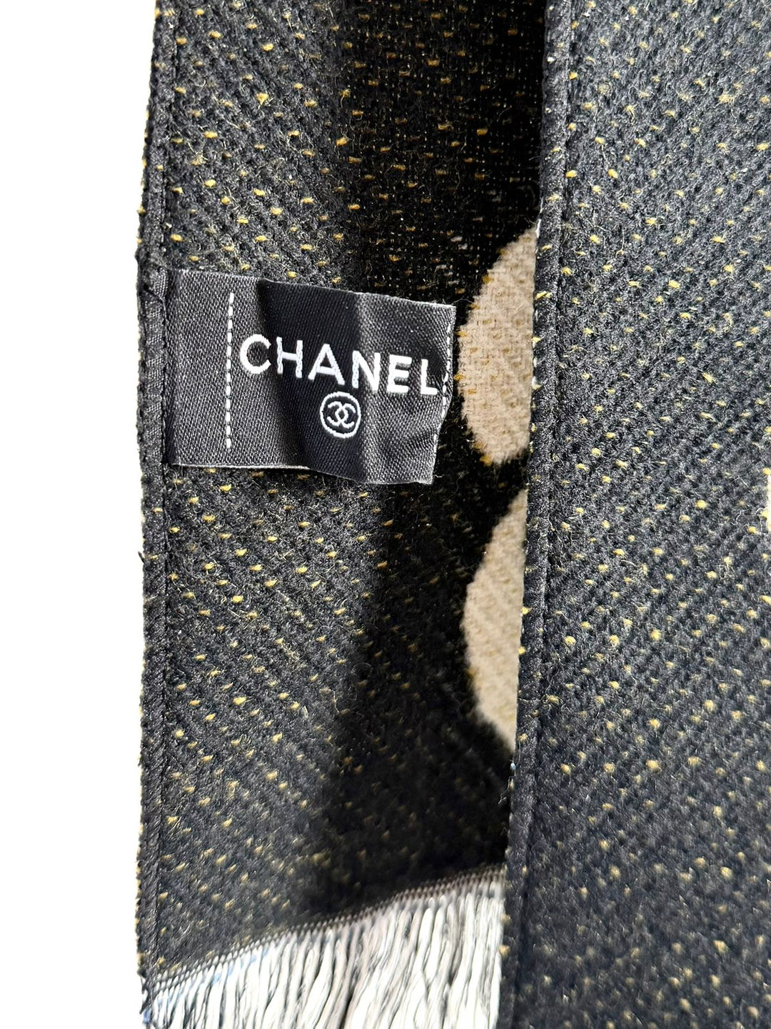 CHANEL CASHMERE WOOL MANCHESTER CAMELLIA FRINGE SCARF