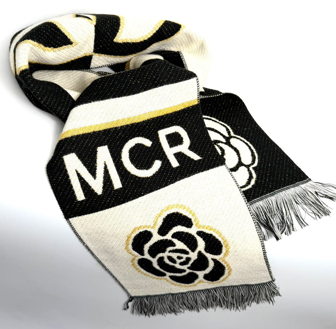 CHANEL CASHMERE WOOL MANCHESTER CAMELLIA FRINGE SCARF