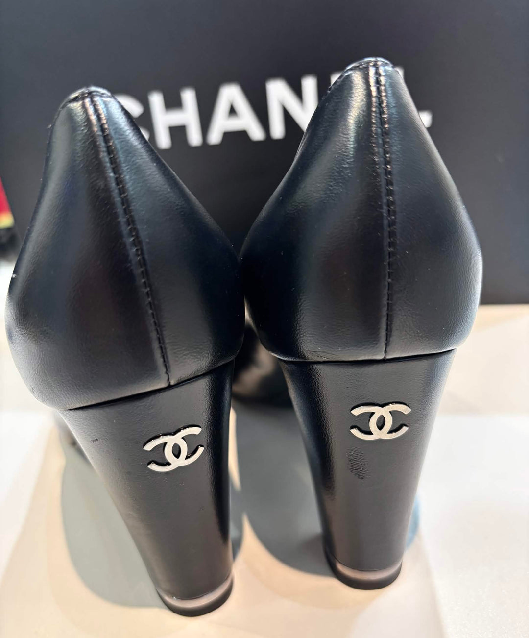 CHANEL CC CAP TOE BLOCK HEEL PUMPS