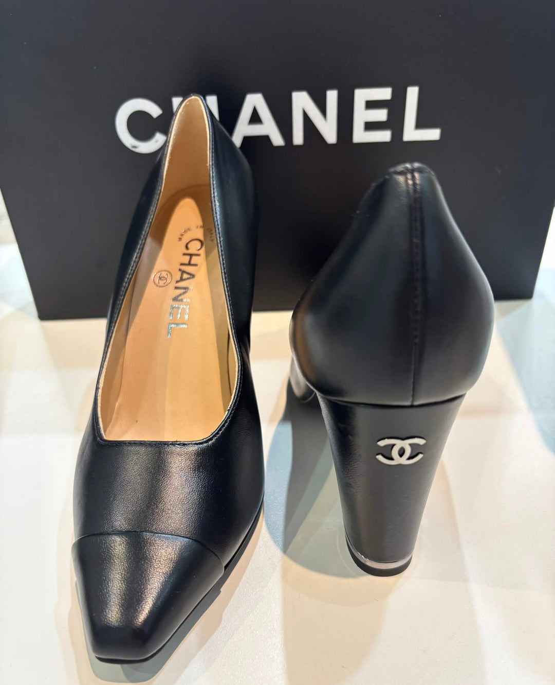 CHANEL CC CAP TOE BLOCK HEEL PUMPS
