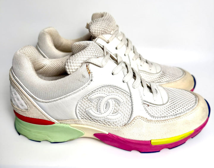 CHANEL CC MESH CALFSKIN LEATHER SNEAKERS