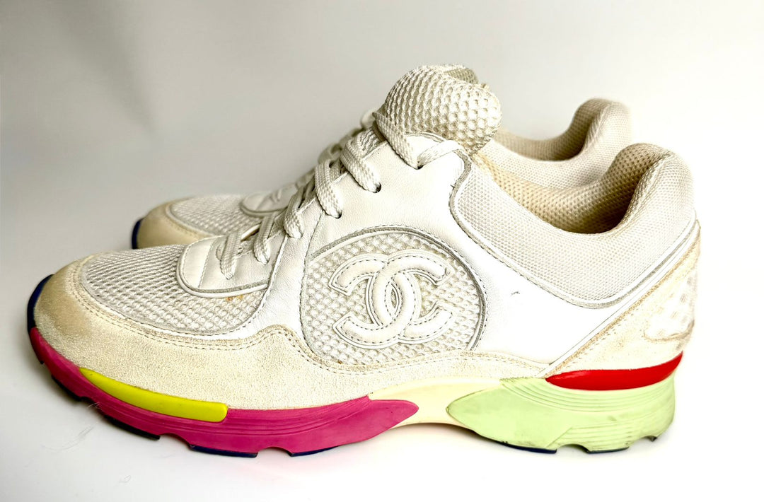 CHANEL CC MESH CALFSKIN LEATHER SNEAKERS