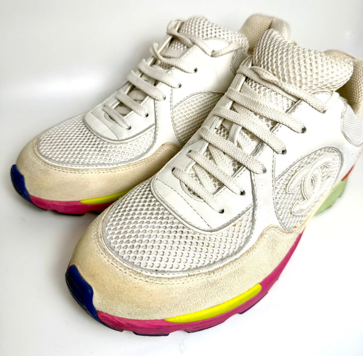 CHANEL CC MESH CALFSKIN LEATHER SNEAKERS