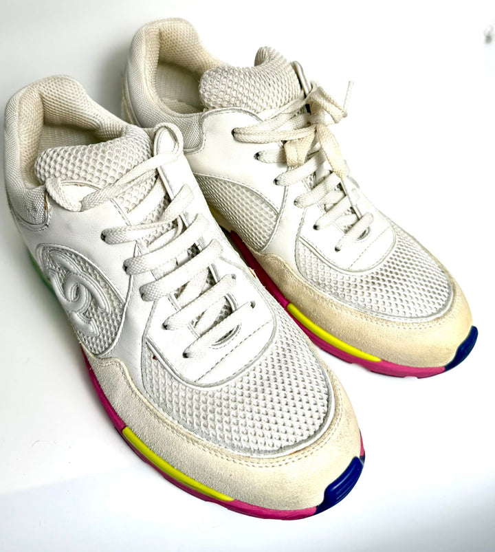 CHANEL CC MESH CALFSKIN LEATHER SNEAKERS