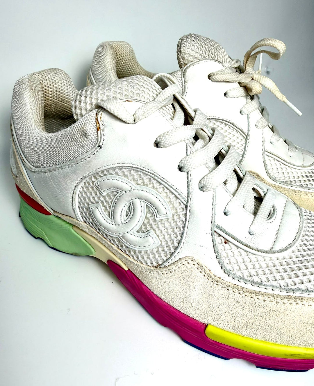 CHANEL CC MESH CALFSKIN LEATHER SNEAKERS