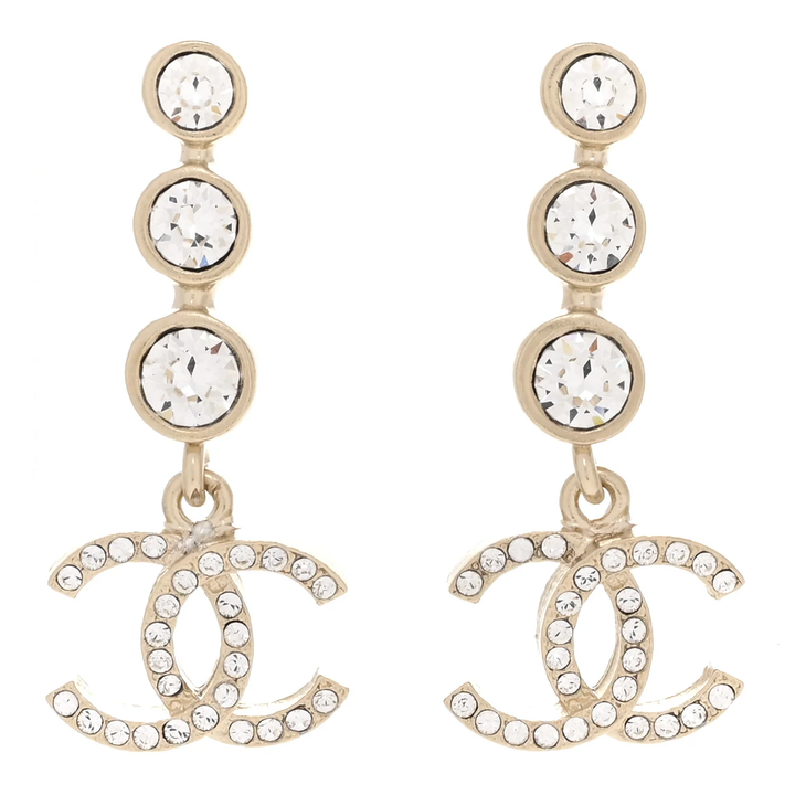 CHANEL CRYSTAL CC GOLD DROP EARRINGS