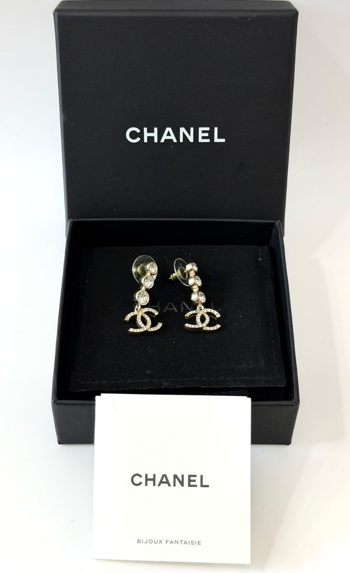 CHANEL CRYSTAL CC GOLD DROP EARRINGS