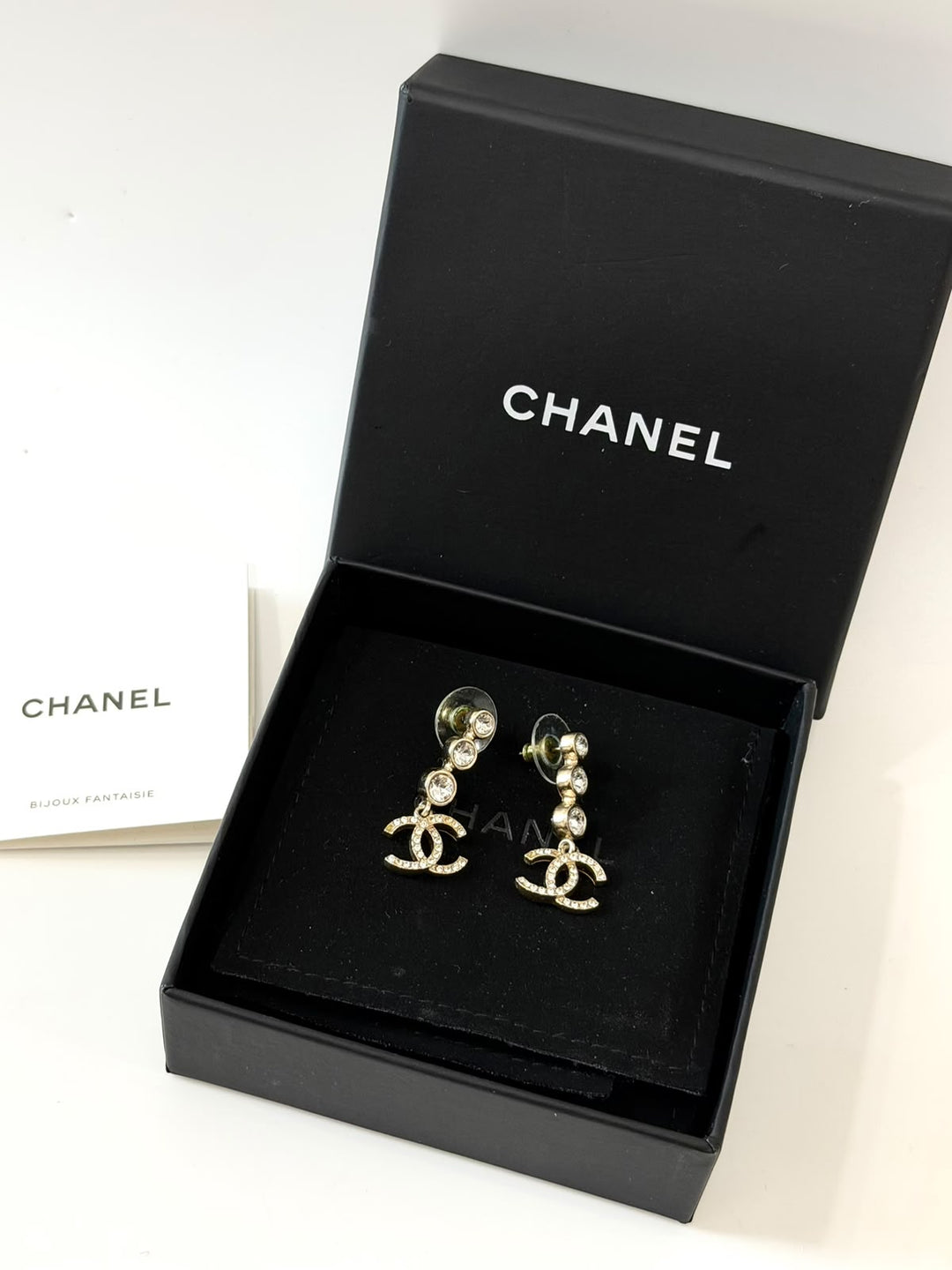 CHANEL CRYSTAL CC GOLD DROP EARRINGS