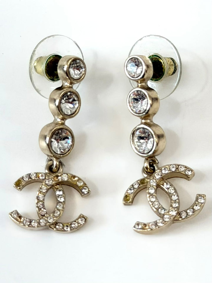 CHANEL CRYSTAL CC GOLD DROP EARRINGS