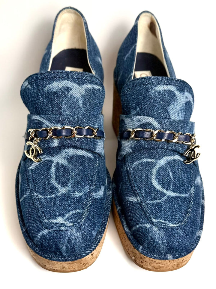 CHANEL DENIM CORK LOAFERS