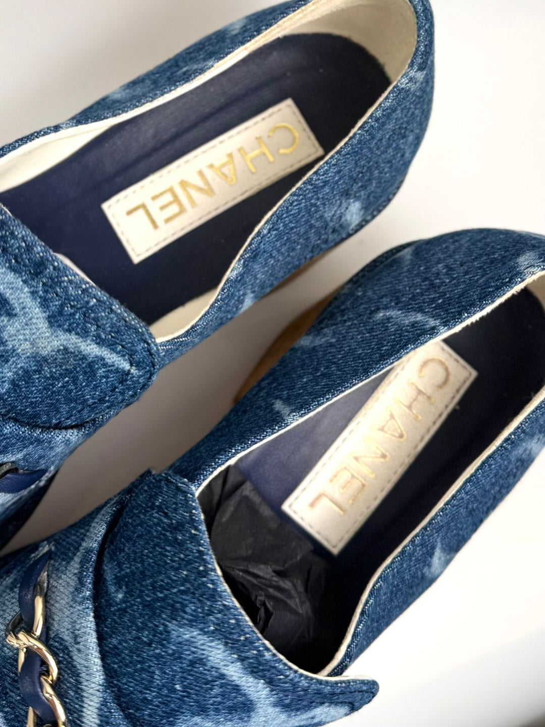 CHANEL DENIM CORK LOAFERS