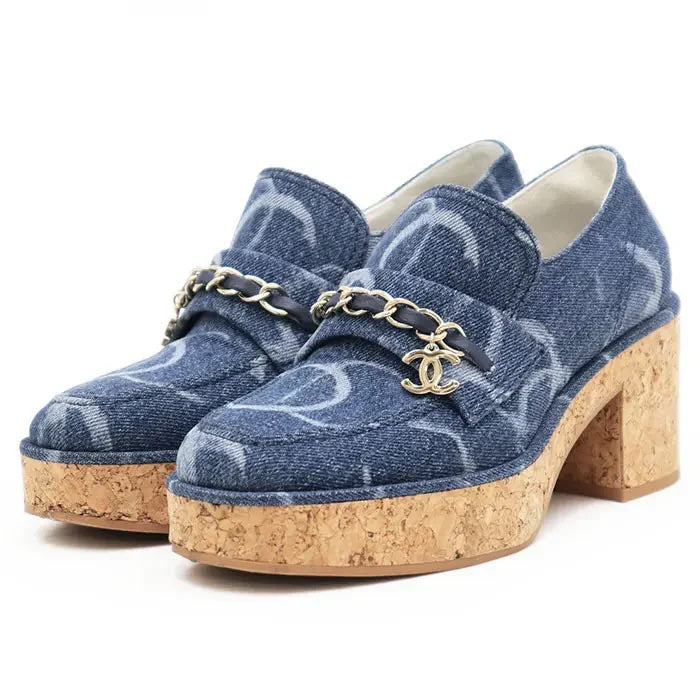CHANEL DENIM CORK LOAFERS