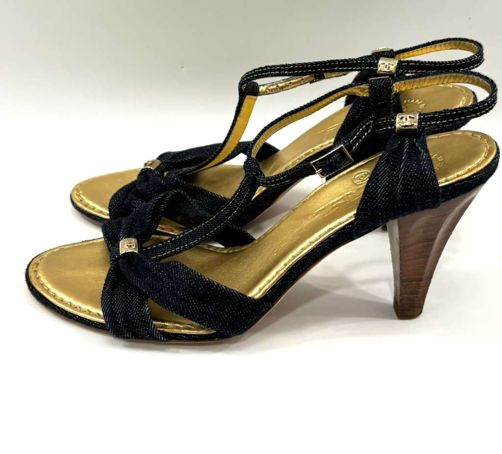 CHANEL DENIM T-STRAP HEELED SANDALS