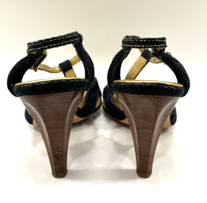 CHANEL DENIM T-STRAP HEELED SANDALS