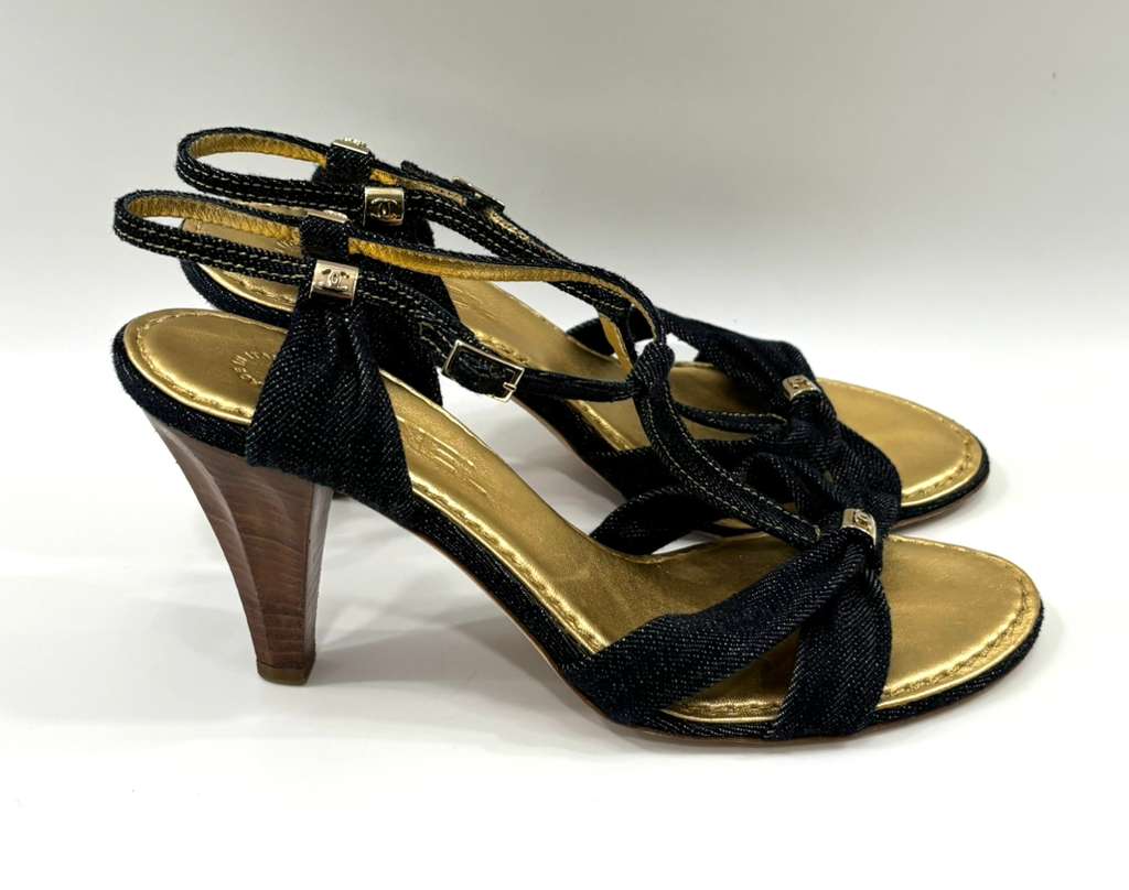 CHANEL DENIM T-STRAP HEELED SANDALS