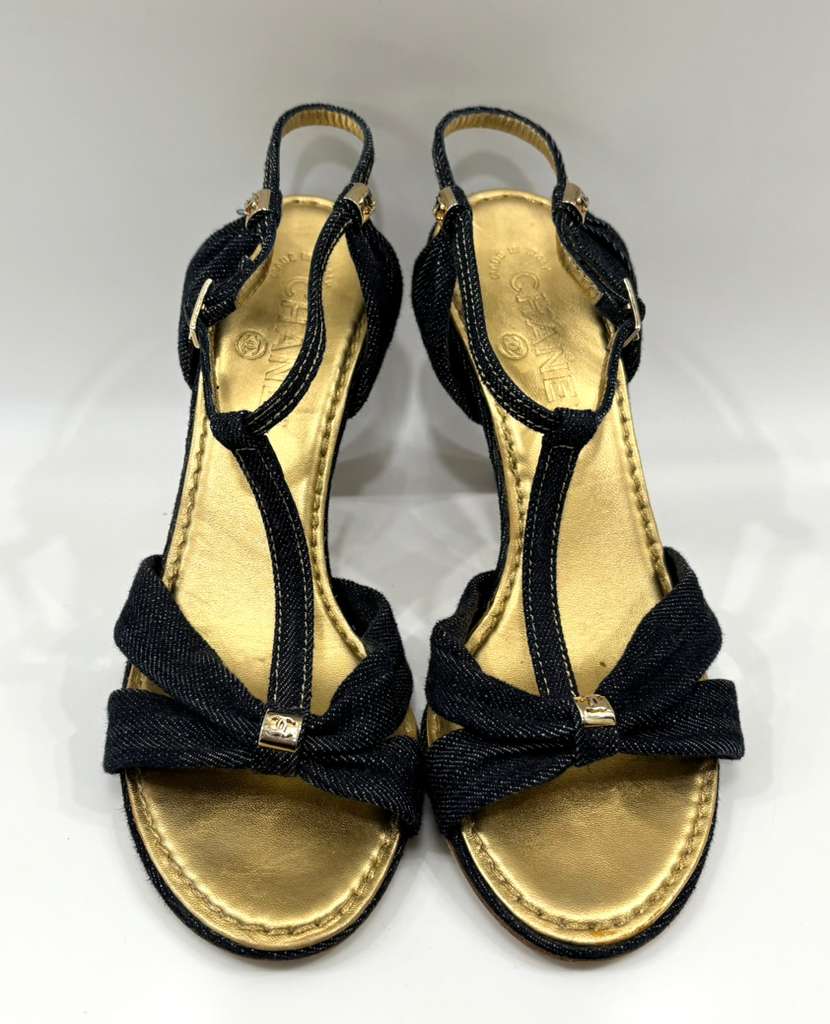 CHANEL DENIM T-STRAP HEELED SANDALS