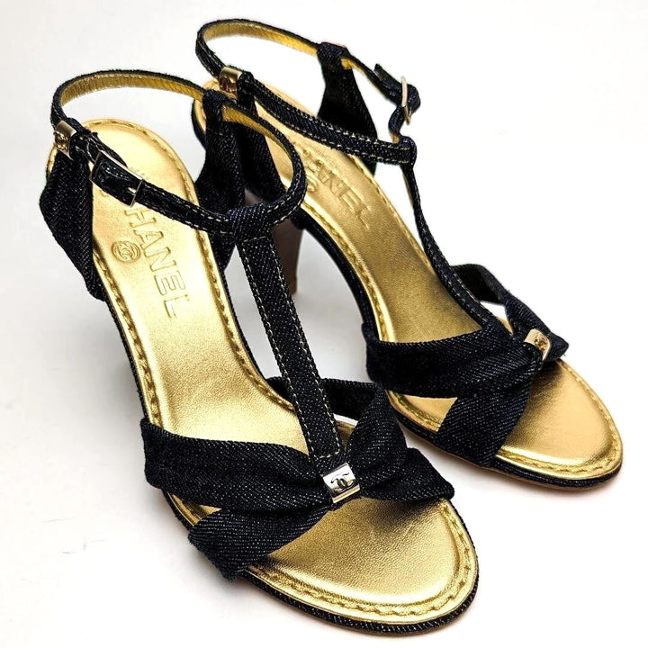 CHANEL DENIM T-STRAP HEELED SANDALS