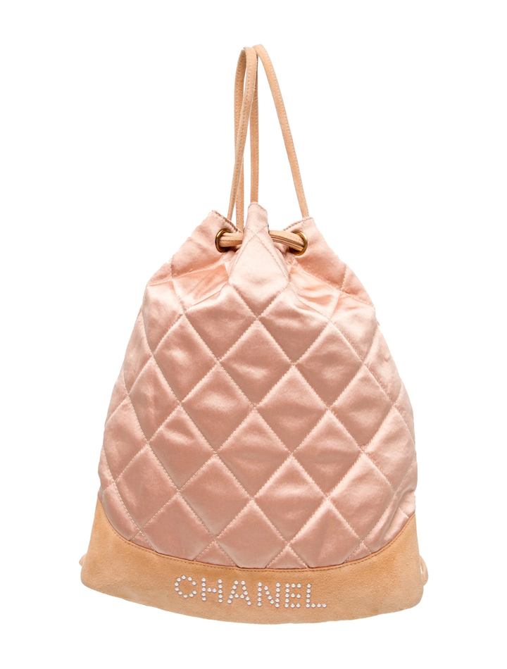 CHANEL DIAMOND STITCH QUILTED SATIN &amp; SUEDE CC DRAWSTRING BACKPACK