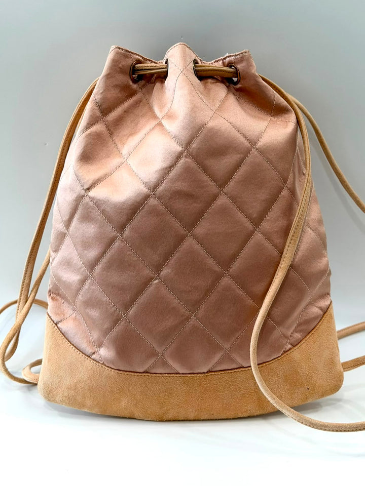 CHANEL DIAMOND STITCH QUILTED SATIN &amp; SUEDE CC DRAWSTRING BACKPACK