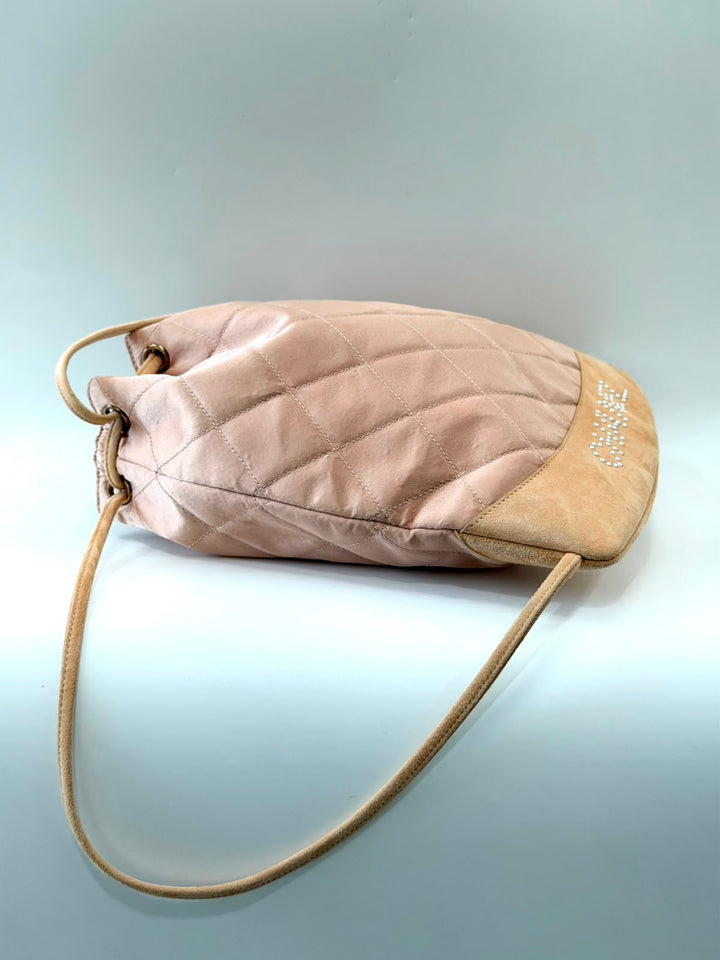 CHANEL DIAMOND STITCH QUILTED SATIN &amp; SUEDE CC DRAWSTRING BACKPACK