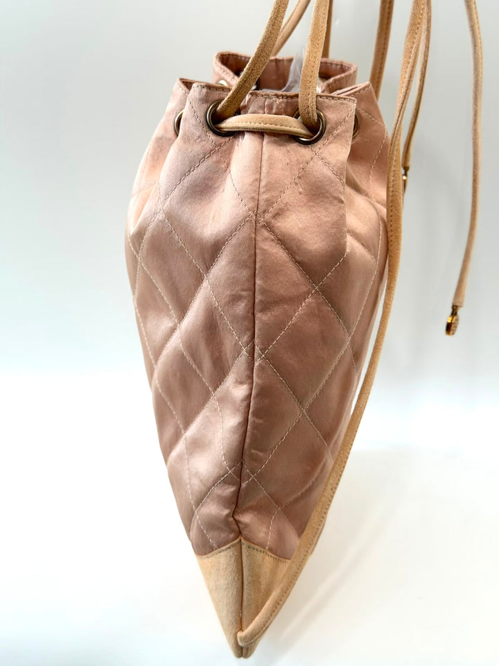 CHANEL DIAMOND STITCH QUILTED SATIN &amp; SUEDE CC DRAWSTRING BACKPACK