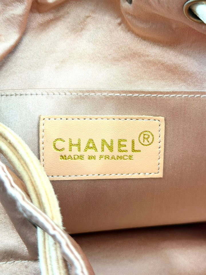 CHANEL DIAMOND STITCH QUILTED SATIN &amp; SUEDE CC DRAWSTRING BACKPACK