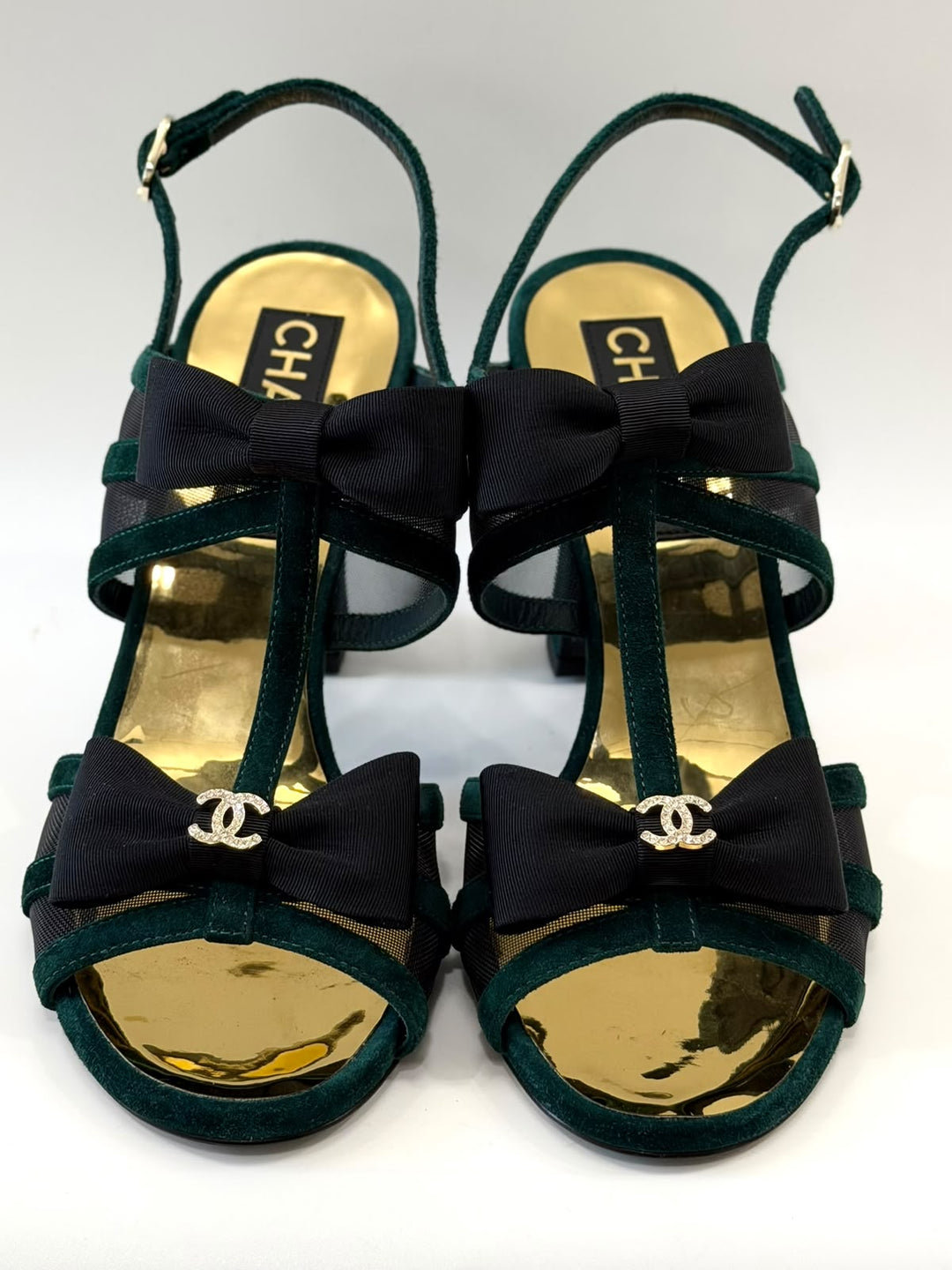 CHANEL INTERLOCKING CC LOGO VELVET SLINGBACK SANDALS