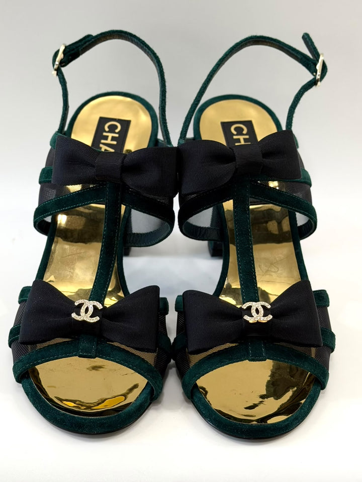 CHANEL INTERLOCKING CC LOGO VELVET SLINGBACK SANDALS