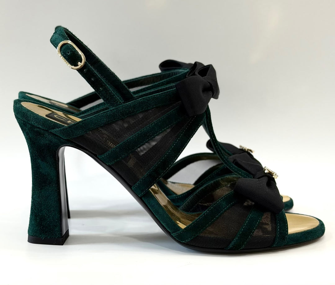 CHANEL INTERLOCKING CC LOGO VELVET SLINGBACK SANDALS