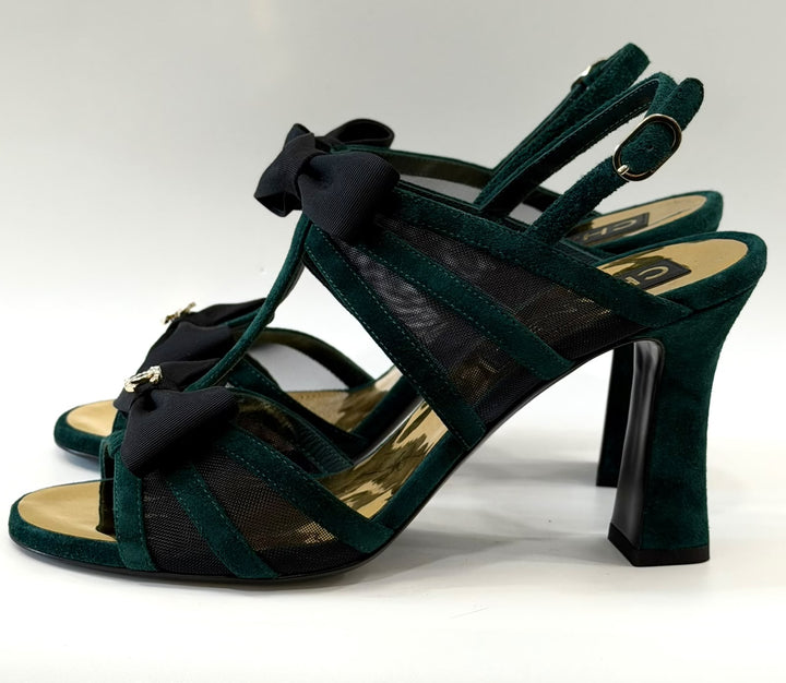 CHANEL INTERLOCKING CC LOGO VELVET SLINGBACK SANDALS
