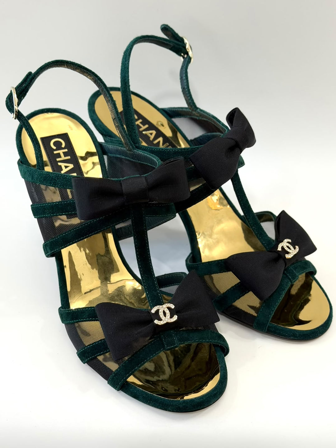 CHANEL INTERLOCKING CC LOGO VELVET SLINGBACK SANDALS