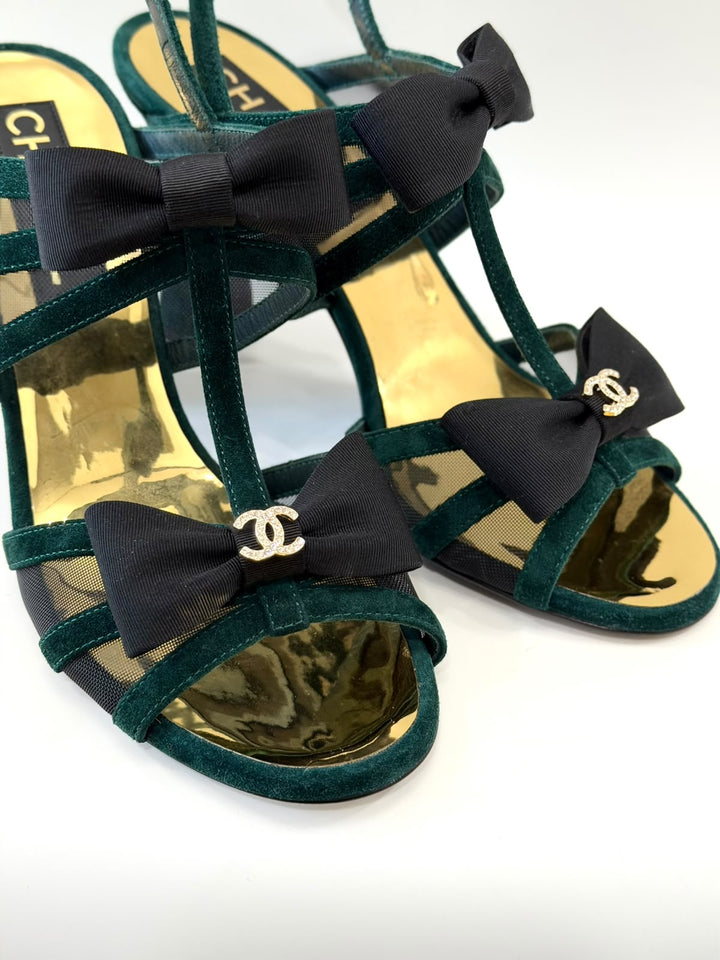 CHANEL INTERLOCKING CC LOGO VELVET SLINGBACK SANDALS