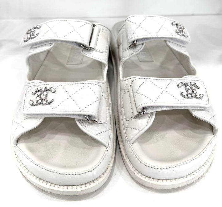 CHANEL LAMBSKIN QUILTED VELCRO DAD CHAIN CC SLIDE SANDALS