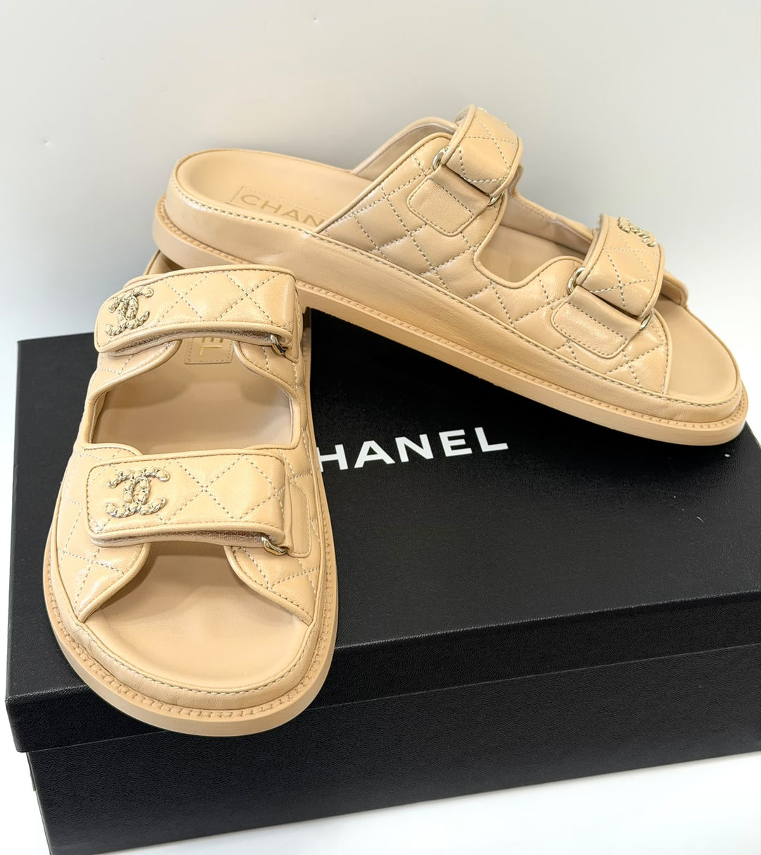 CHANEL LAMBSKIN QUILTED VELCRO DAD CHAIN CC SLIDE SANDALS