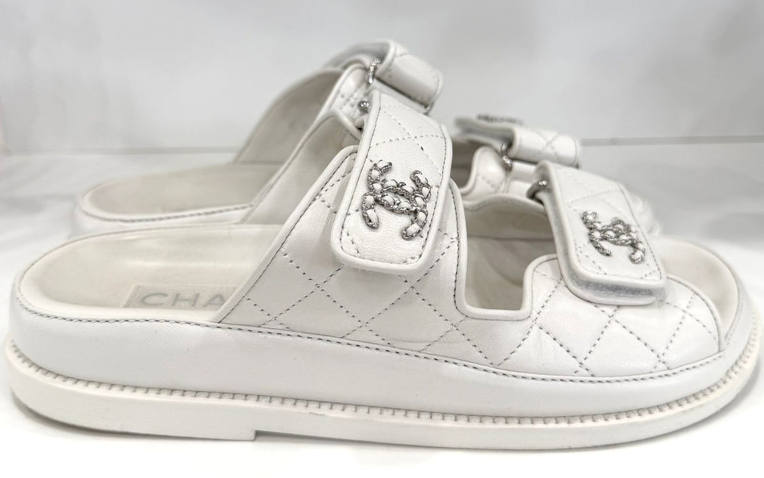 CHANEL LAMBSKIN QUILTED VELCRO DAD CHAIN CC SLIDE SANDALS
