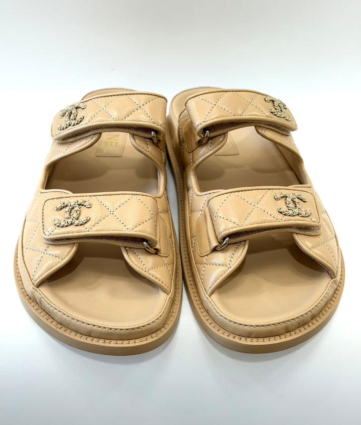 CHANEL LAMBSKIN QUILTED VELCRO DAD CHAIN CC SLIDE SANDALS