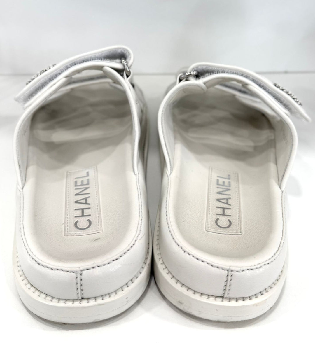 CHANEL LAMBSKIN QUILTED VELCRO DAD CHAIN CC SLIDE SANDALS
