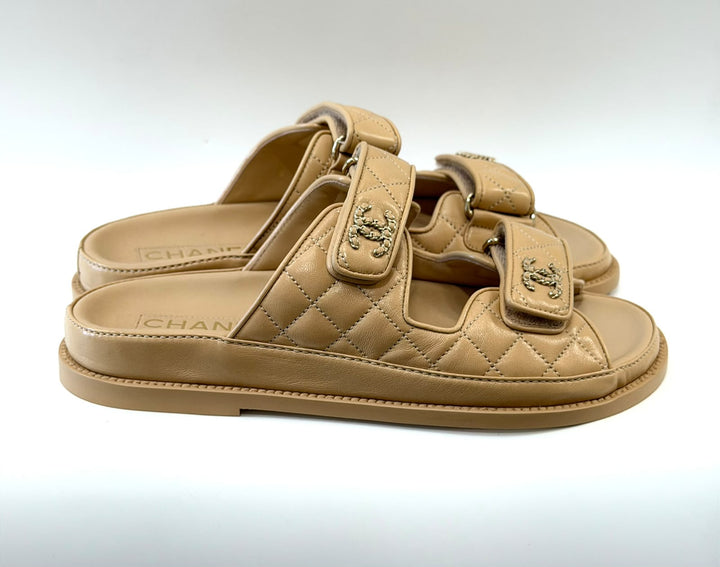 CHANEL LAMBSKIN QUILTED VELCRO DAD CHAIN CC SLIDE SANDALS